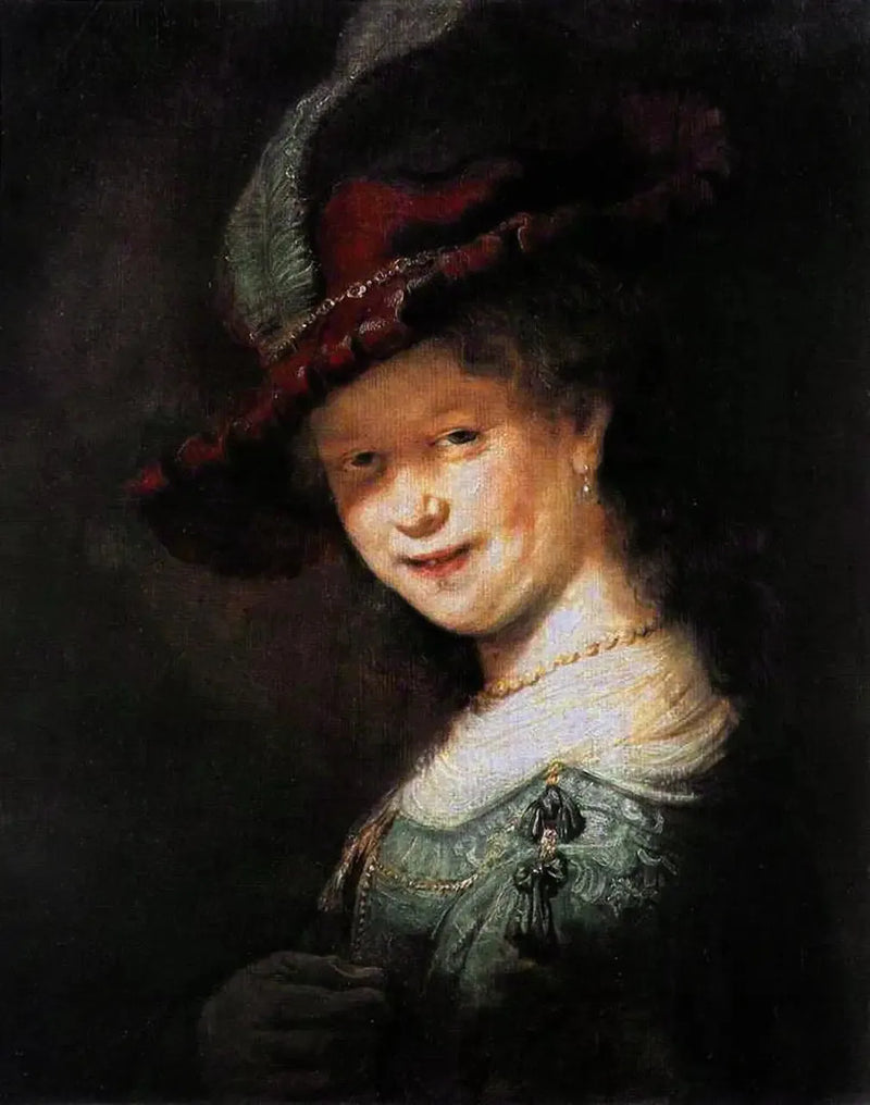 Buste av en smilende ung kvinne, kanskje Saskia van Uylenburgh - Rembrandt