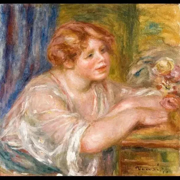 Buste av ung jente som ser på blomster - Pierre-Auguste Renoir