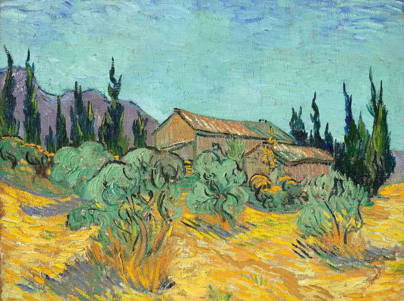 Trehytter blant oliventrær og sypress - Vincent van Gogh