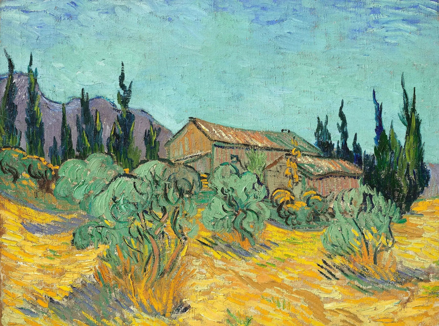 Trehytter blant oliventrær og sypress - Vincent van Gogh
