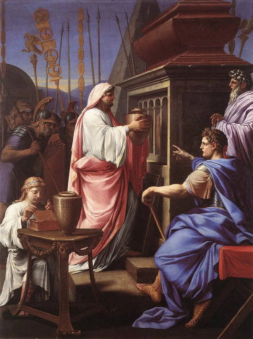 Caligula som legger asken av sin mor og bror i sine forfedres grav - Eustache Le Sueur