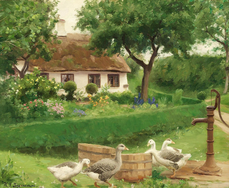 Andekanser ved en vannpumpe bak en gård med stråtak. - H. A. Brendekilde

Source:
Canards à une pompe à eau derrière une ferme au toit de chaume. - H. A. Brendekilde