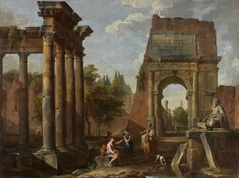 Capriccio arkitektonisk, Titus-buen med figurer - Giovanni Paolo Panini

Source:
Capriccio architectural, Arc de Titus avec figures - Giovanni Paolo Panini