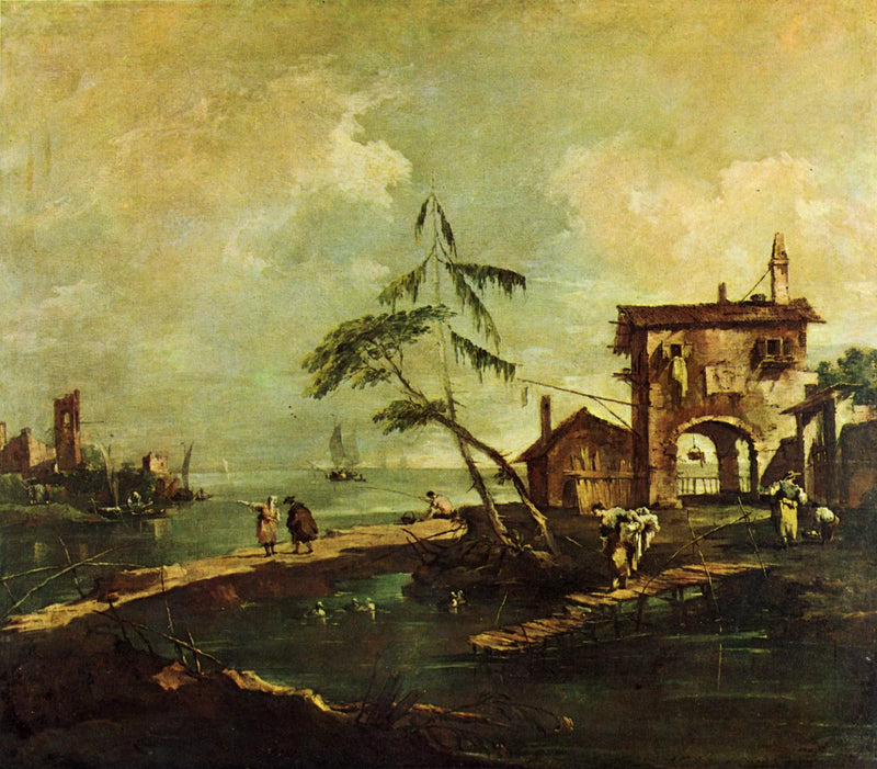 Capriccio med rustikk hus ved lagunen - Francesco Guardi