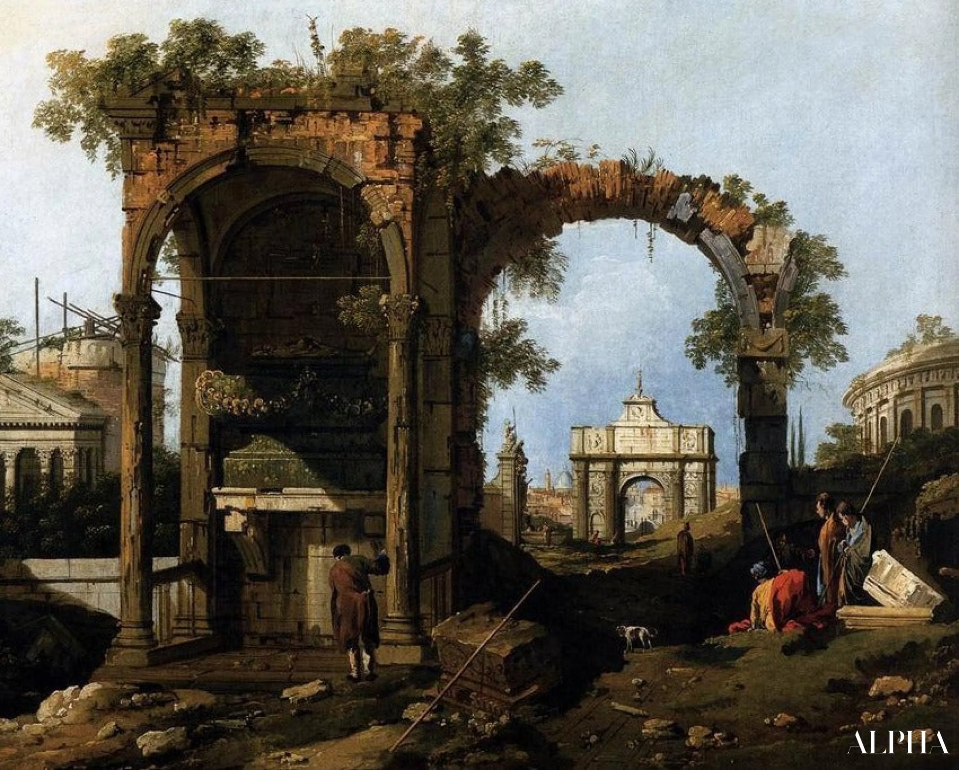 Capriccio med ruiner og klassiske bygninger, rundt 1760 (olje på lerret) - Giovanni Antonio Canal - Høykvalitets reproduksjoner av malerier og bilder