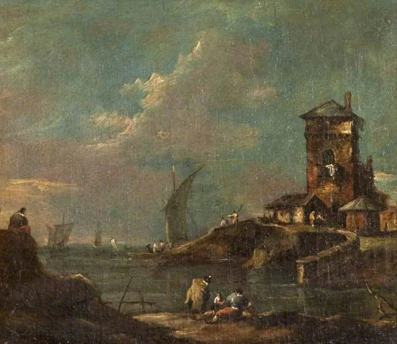 Capriccio med rustikk tårn, hus og båter - Francesco Guardi