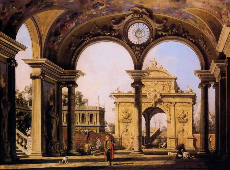 Capriccio med en renessanse triumfbue sett fra portalen til et palass - Canaletto

Source:
Capriccio avec un arc de triomphe renaissance vu depuis le portique d'un palais - Canaletto