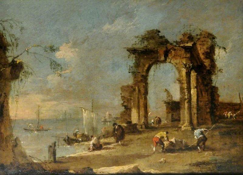 Capriccio med en ruinert bue ved kanten av en lagune - Francesco Guardi