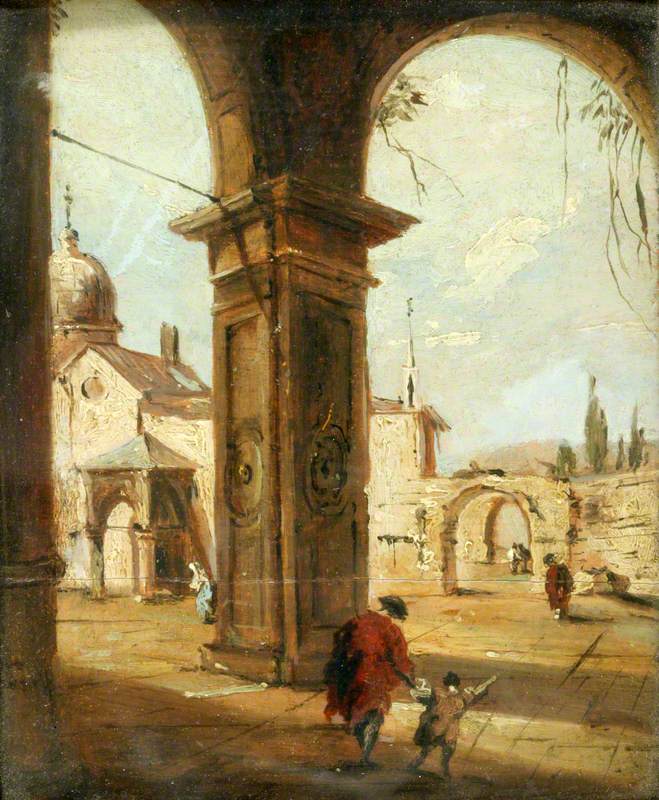 Capriccio med en kirke sett gjennom en portico - Francesco Guardi