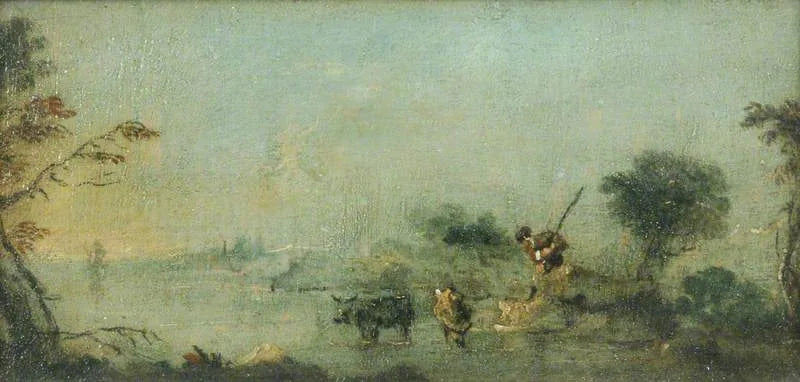 Capriccio av lagunen med en bonde og husdyr - Francesco Guardi
