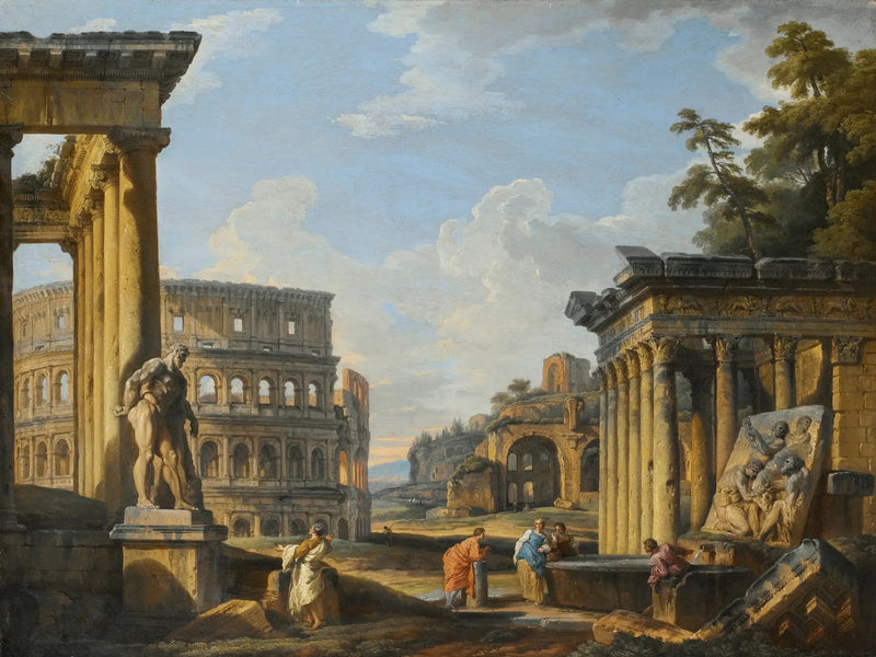 Klassiske ruiners capriccio med Antonius og Faustinas tempel, Colosseum, Maxence-basilikaen - Giovanni Paolo Panini

Source:
Capriccio de ruines classiques avec le temple d'Antoine et Faustine, le Colisée, la basilique de Maxence - Giovanni Paolo Panini