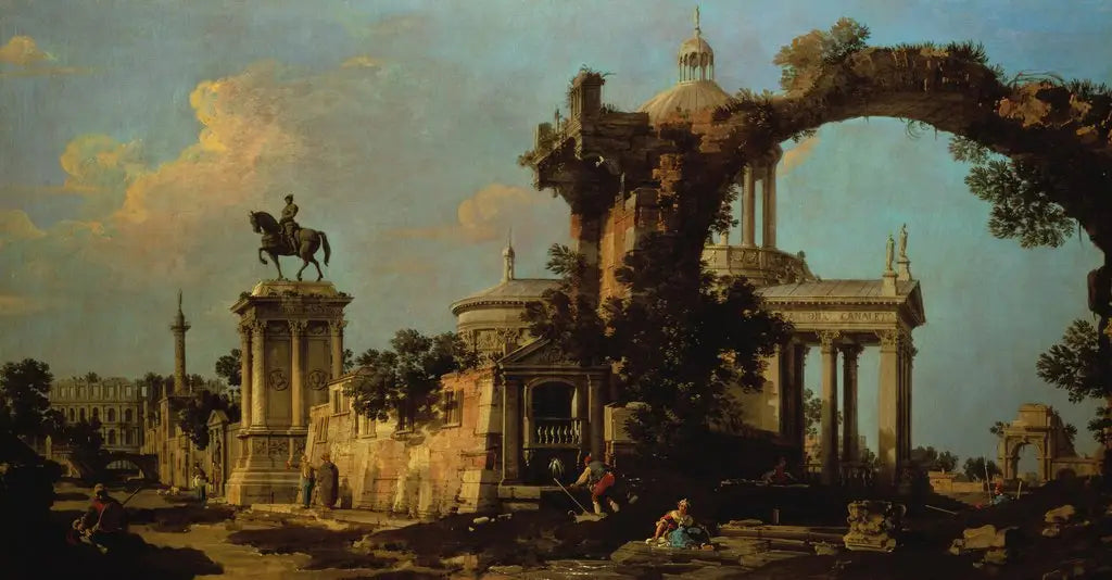 Capriccio de ruines romaines avec une église à coupole et le monument Colleoni - Canaletto - Alpha Reproduction