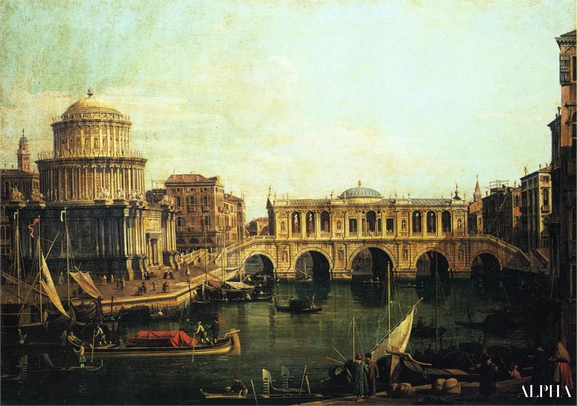 Capriccio av Grand Canal med en imaginær Rialto-bro og andre bygninger - Giovanni Antonio Canal - Høykvalitets reproduksjoner av malerier og bilder