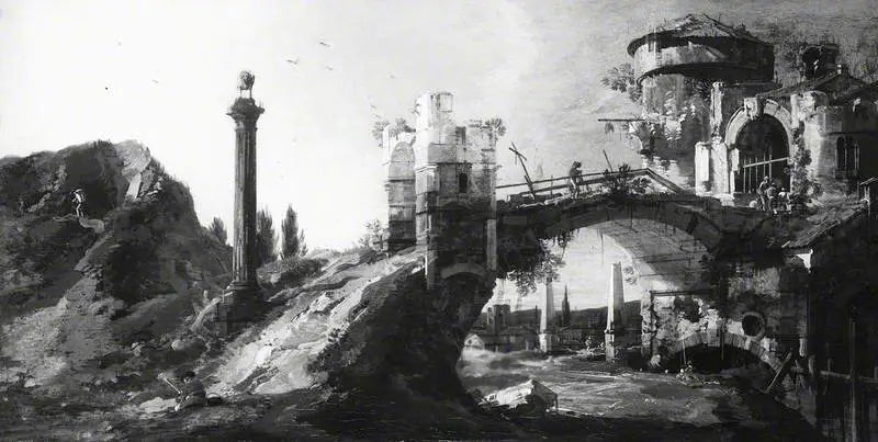 Capriccio: Pont en ruine avec personnages - Canaletto - Alpha Reproduction