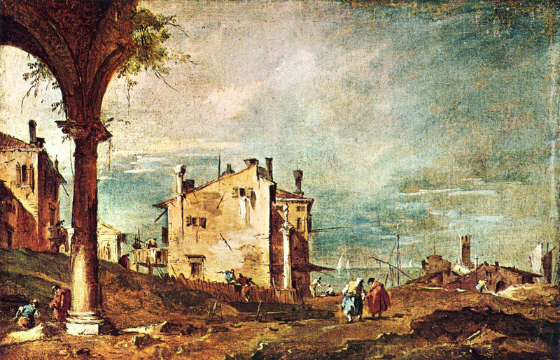 Capriccio: Ruiner av en bue og gårder ved kanten av en lagune - Francesco Guardi