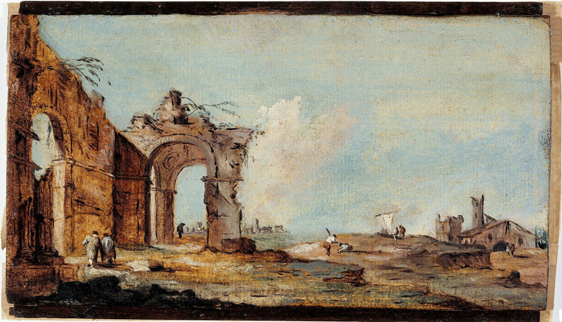 Caprice, med ruinbue og fiskerhus - Francesco Guardi