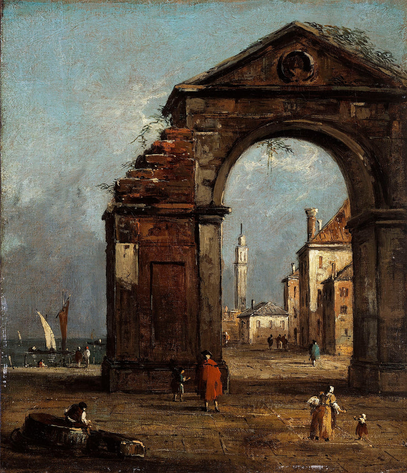 Caprice, med triumfbue i ruiner og landskap ved lagunens bredd - Francesco Guardi