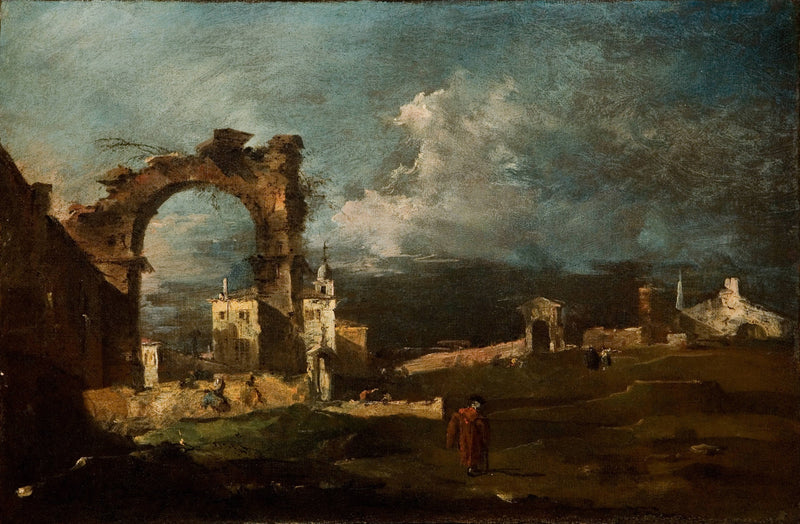 Caprice med ruiner av en bue og en villa i bakgrunnen - Francesco Guardi