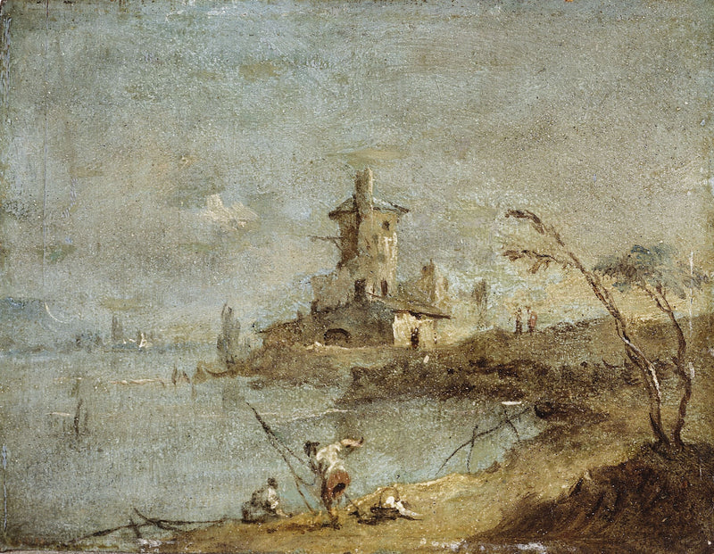Rustikk Caprice, med tårn ved vannkanten - Francesco Guardi