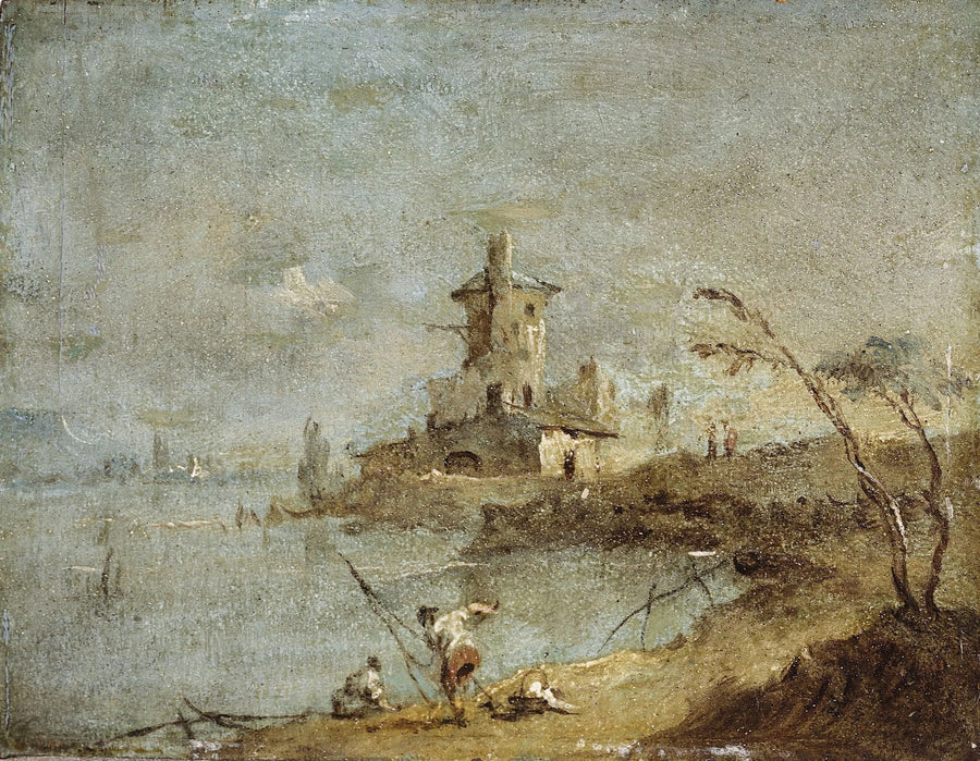 Rustikk Caprice, med tårn ved vannkanten - Francesco Guardi