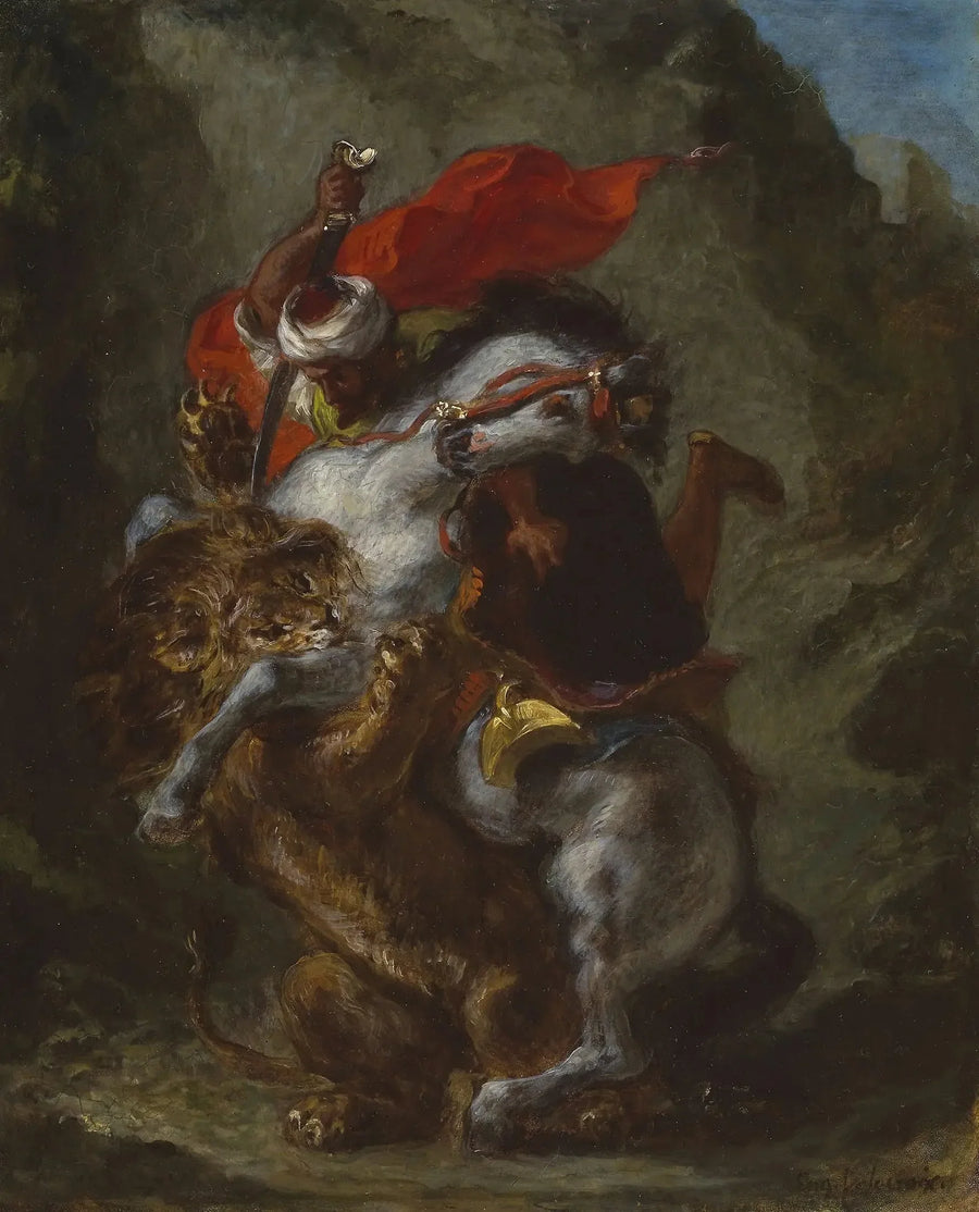 Arabisk rytter angrepet av en løve - Eugène Delacroix