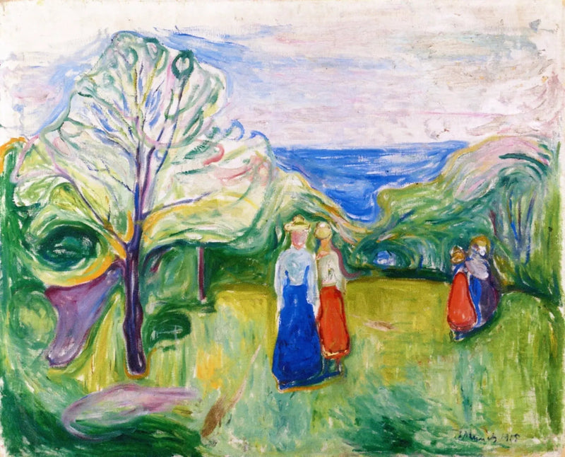 Blomstrende kirsebærtrær og unge jenter i hagen - Edvard Munch