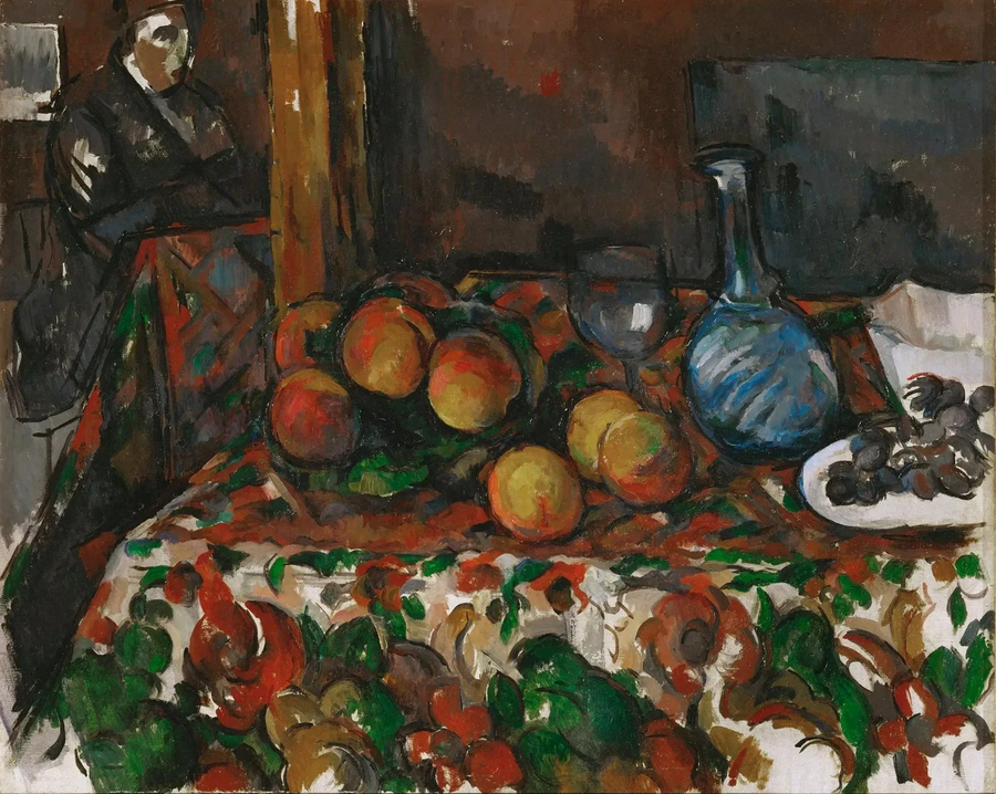 Fersken, karaffel og figur - Paul Cézanne