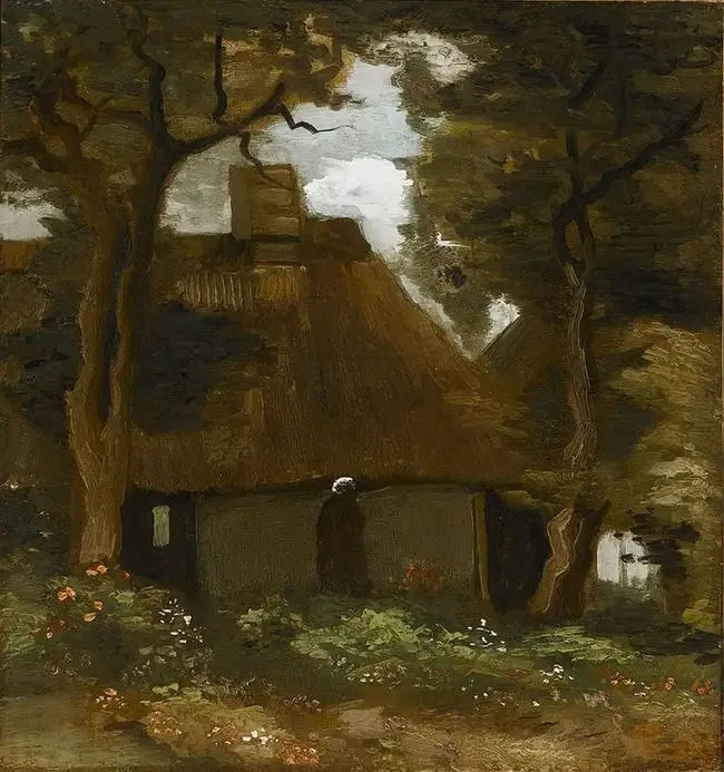 Hytte med trær og bondekone - Vincent van Gogh