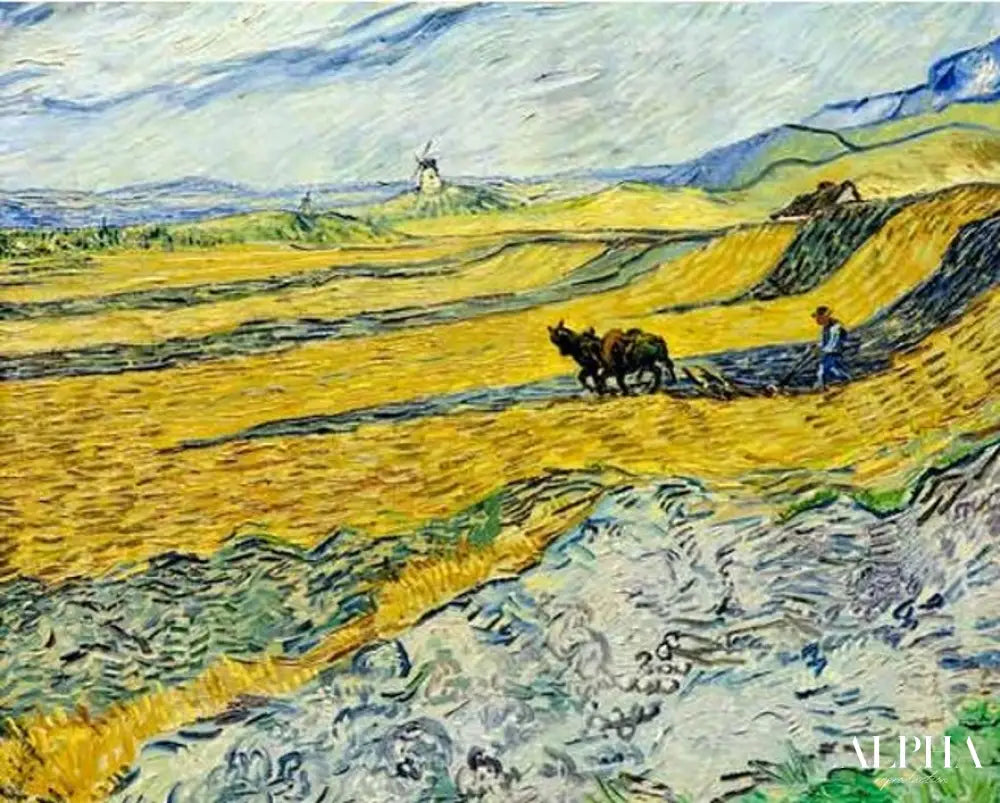 Champ avec paysan labourant et le moulin - Van Gogh - Reproductions de tableaux et peintures haut de gamme