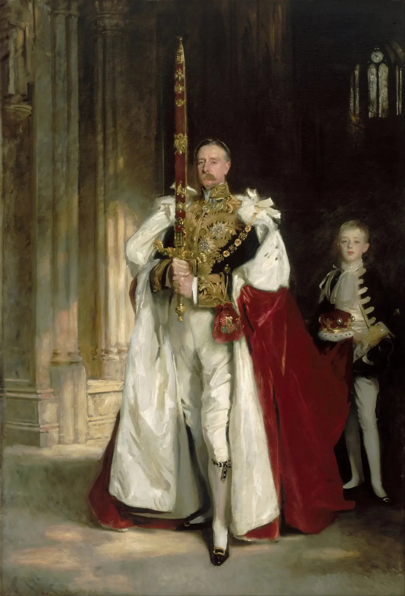 Charles Stewart, sjette markis av Londonderry, bærer den store statssverdet under kroningen av kong Edward VII, i august 1902, og M. W. C. Beaumont, hans page ved denne anledningen - John Singer Sargent