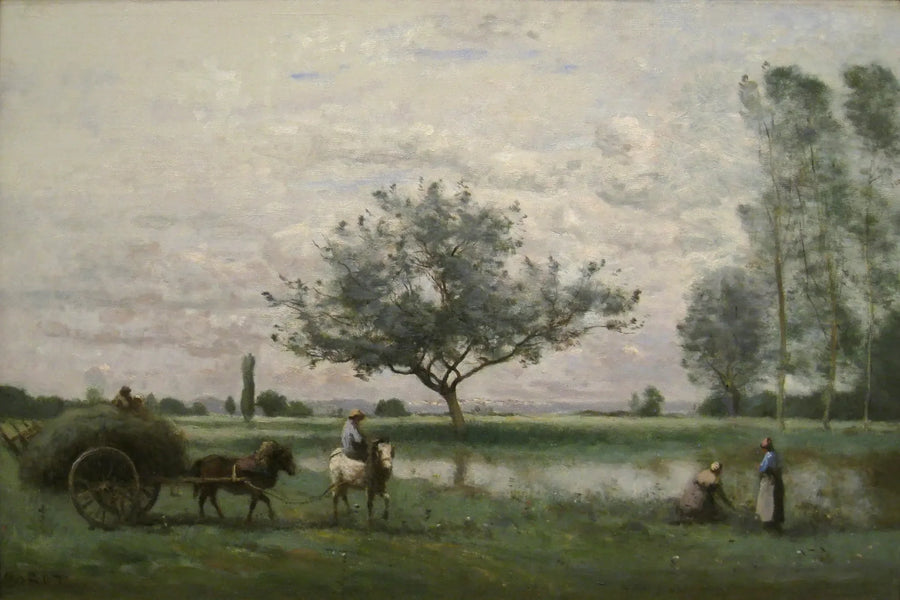 Halmhaug som løper langs en elv - Jean-Baptiste Camille Corot