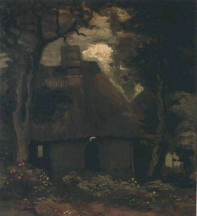 Hytte med trær og bondekone - Vincent van Gogh