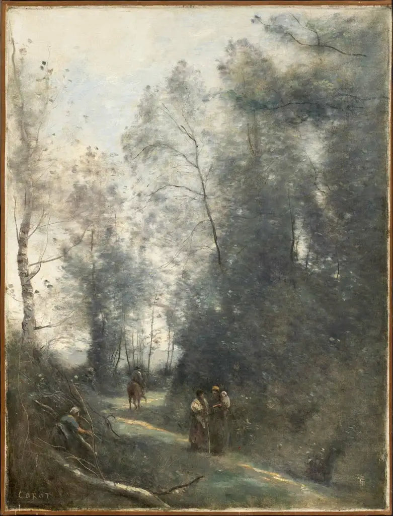 Svingende vei med tre bønder og en rytter - Jean-Baptiste Camille Corot
