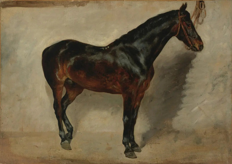 Brun hest ved innhegning - Eugène Delacroix