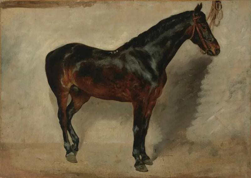 Brun hest ved innhegning - Eugène Delacroix