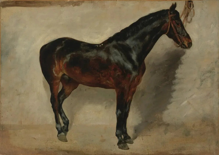 Brun hest ved innhegning - Eugène Delacroix