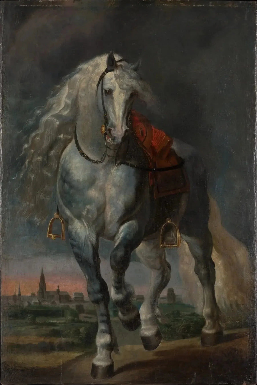 Hvit hest som galopperer over et flatt landskap foran en by - Peter Paul Rubens