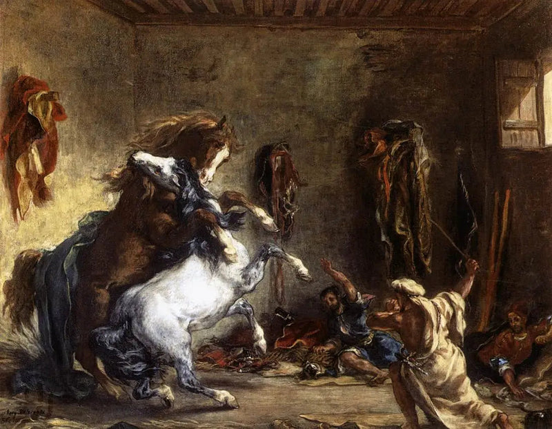 Arabiske hester som kjemper i en stall - Eugène Delacroix