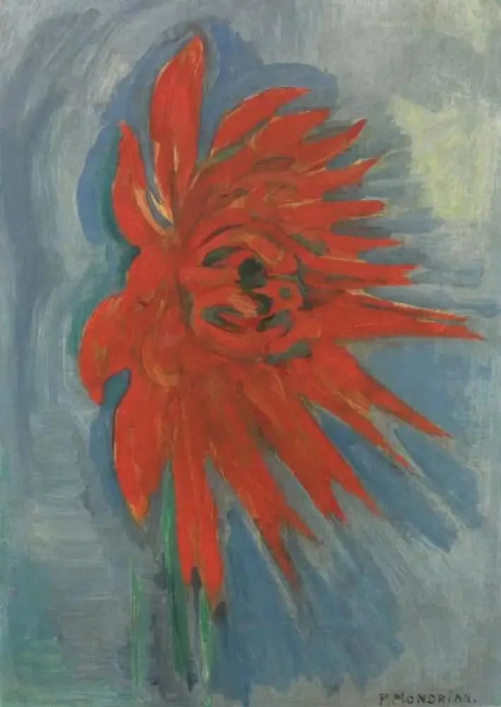 Rød krysantemum på blå bakgrunn - Piet Mondrian