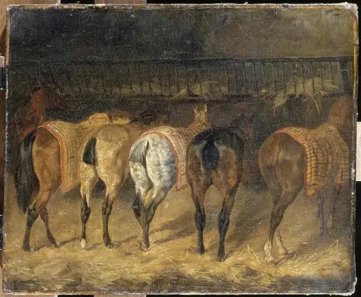 Fem hester sett fra bakenden i en stall - Théodore Géricault