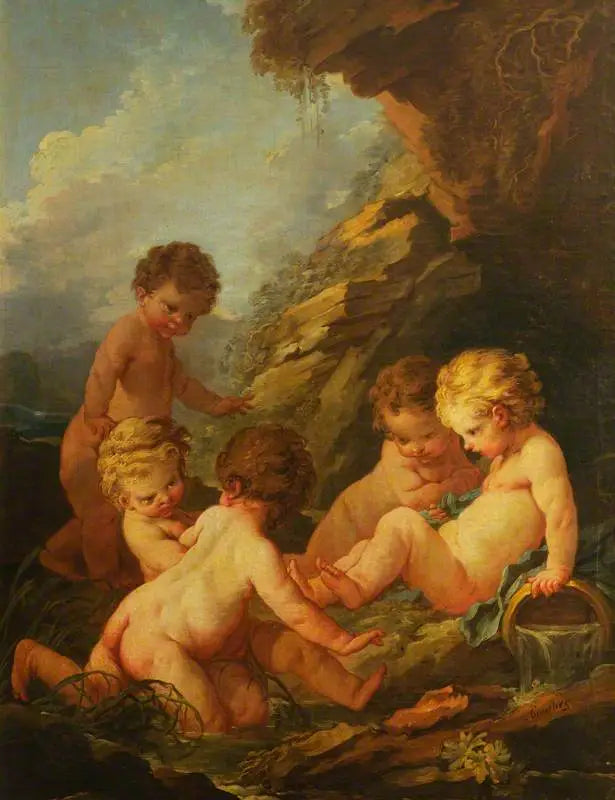 Fem nakne barn som leker ved kanten av en steinbasseng - François Boucher