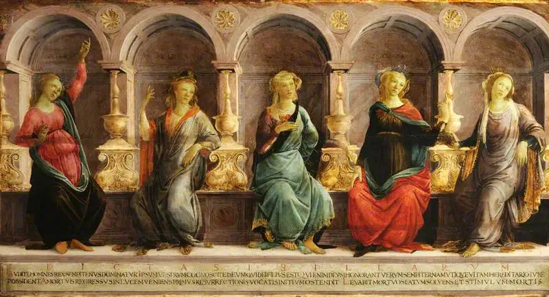 Fem sibyler sittende i nisjer: den babylonske, den libyske, den delphiske, den kimmeriske og den eritreiske - Sandro Botticelli