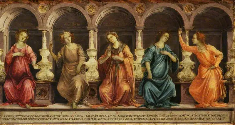Fem sibyller sittende i nisjer: den Samiske, den Kumeiske, den Hellespontiske, den Frygiske og den Tiburtine - Filippino Lippi