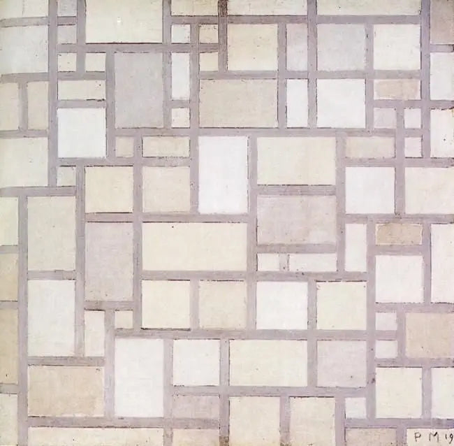 Komposisjon 7: Lyse fargeplaner med grå konturer - Piet Mondrian