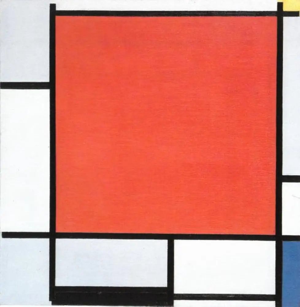 Reproduction du tableau « Composition avec un grand avion rouge, gris bleuté, jaune, noir et bleu - Piet Mondrian » par Alpha Reproduction en peinture à l’huile