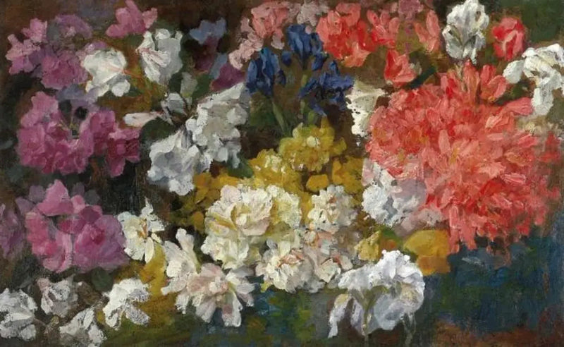 Blomsterkomposisjon med rhododendroner og iris - Piet Mondrian