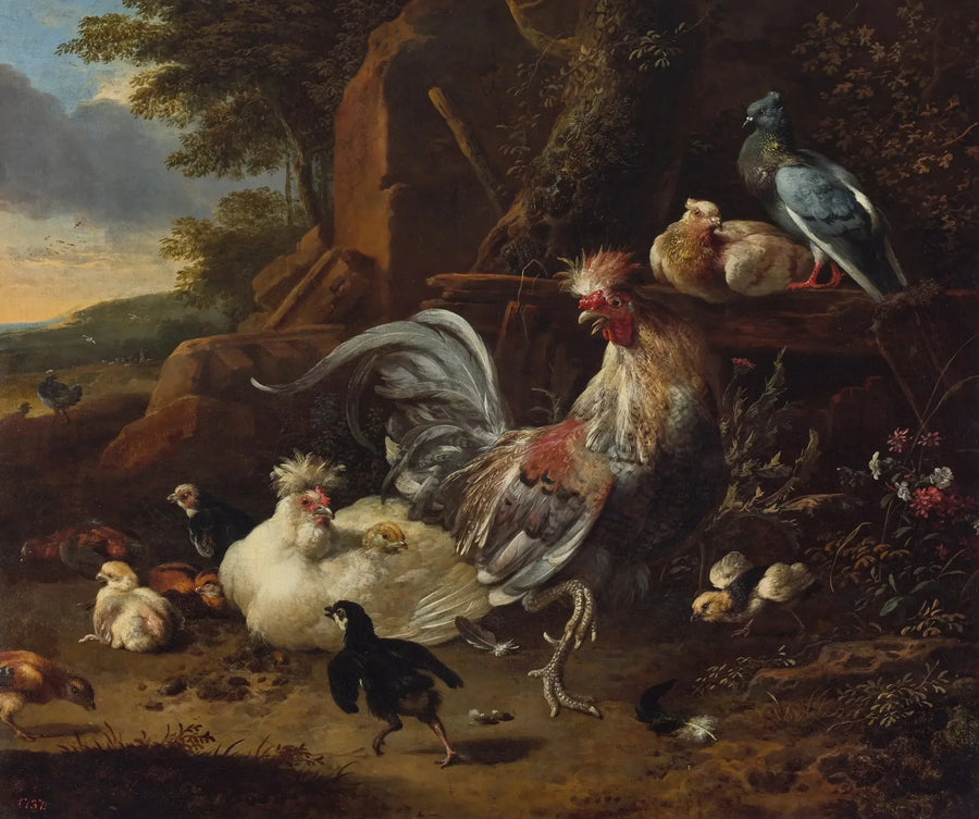 Hane, høner og andre fjærfe i en gård - Melchior de Hondecoeter