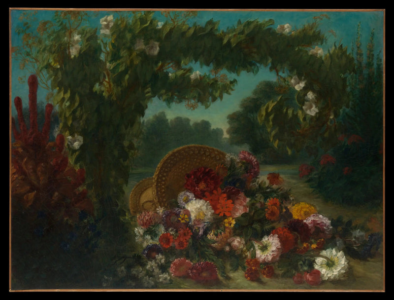 Omvendt blomsterkurv i en hage - Eugène Delacroix