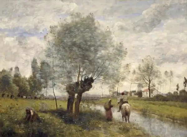 Coubron. Cavalier som går langs en vei ved siden av en piletre - Jean-Baptiste Camille Corot