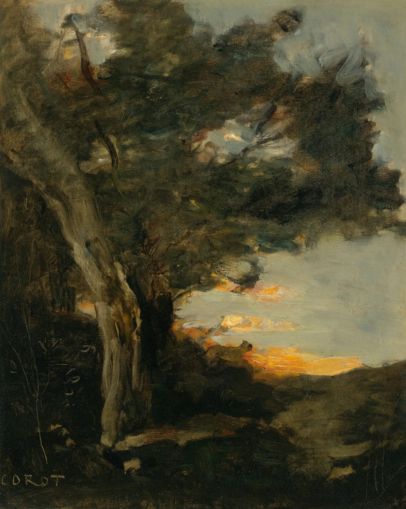 Solnedgang med en løvinne - Jean-Baptiste Camille Corot